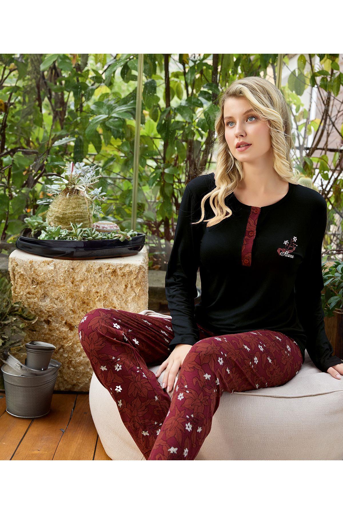 Kadın Pamuklu Uzun Kollu Bisiklet Yaka Desenli Pijama Takımı