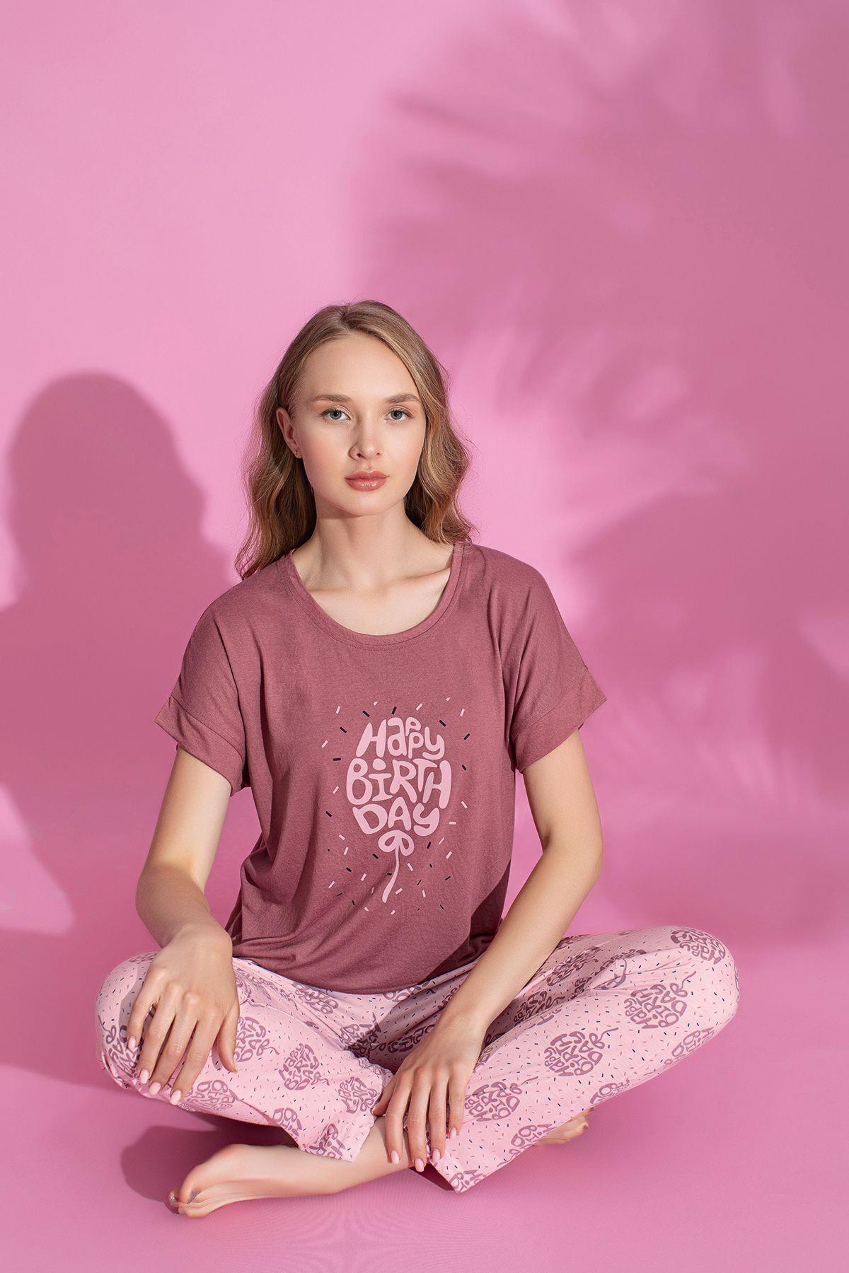 Kadın Pembe Baskılı Pamuklu Kısa Kollu Pijama Takımı