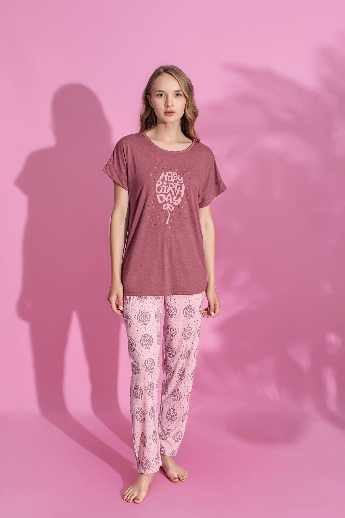 Kadın Pembe Baskılı Pamuklu Kısa Kollu Pijama Takımı