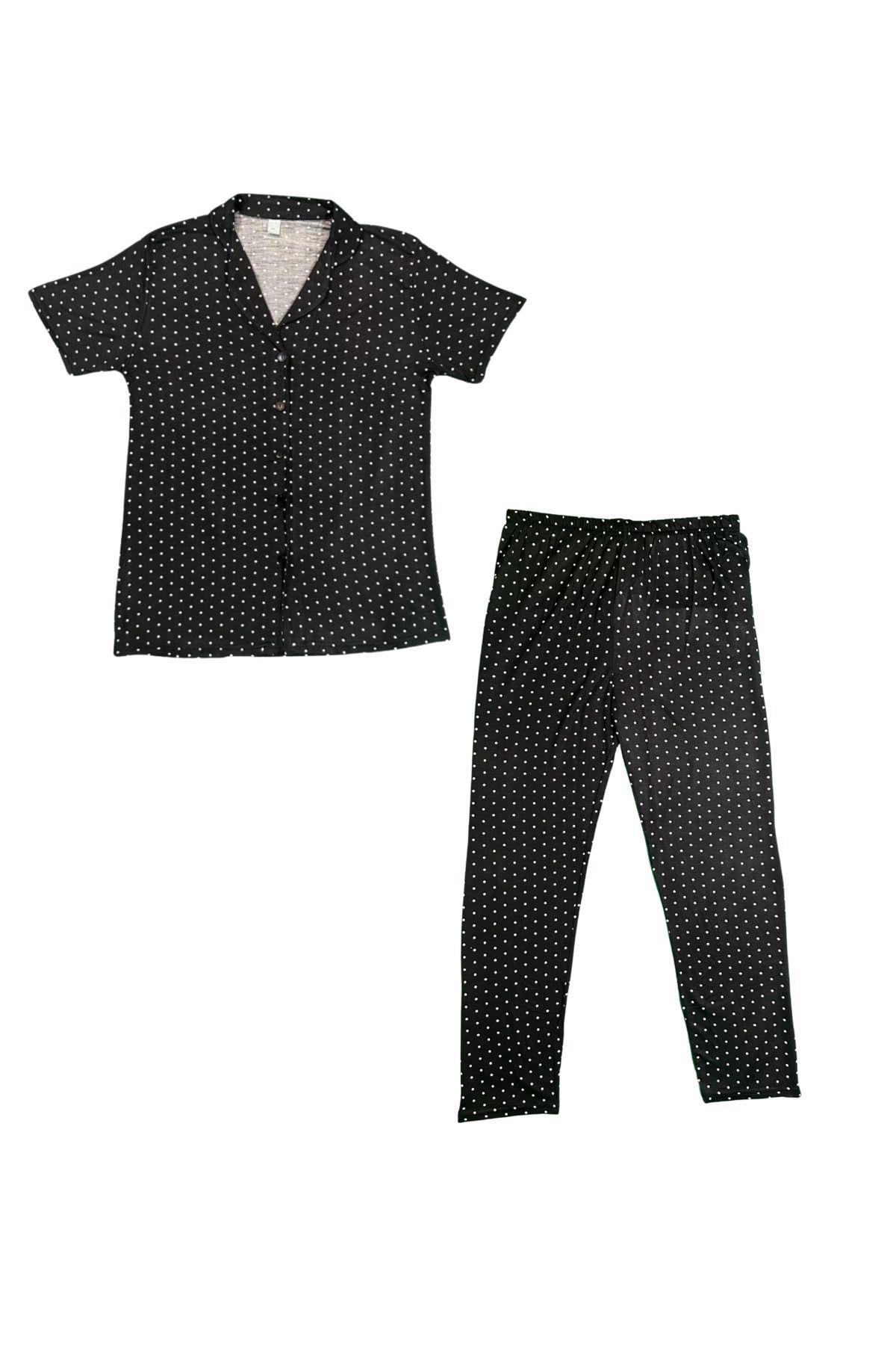 Kadın Puantiyeli Düğmeli Pamuklu Gömlek Yaka Kısa Kollu Pijama Takımı