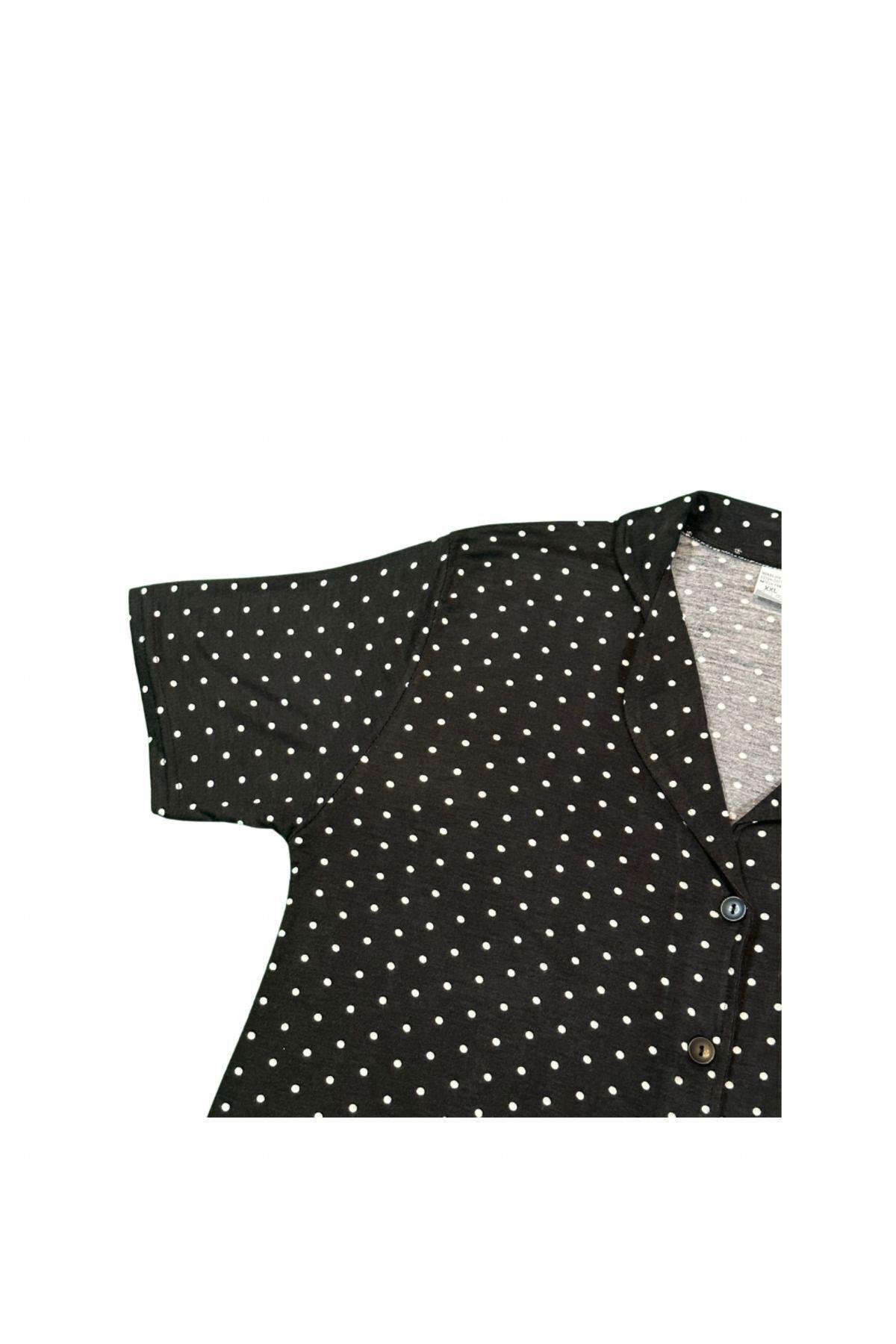 Kadın Puantiyeli Düğmeli Pamuklu Gömlek Yaka Kısa Kollu Pijama Takımı