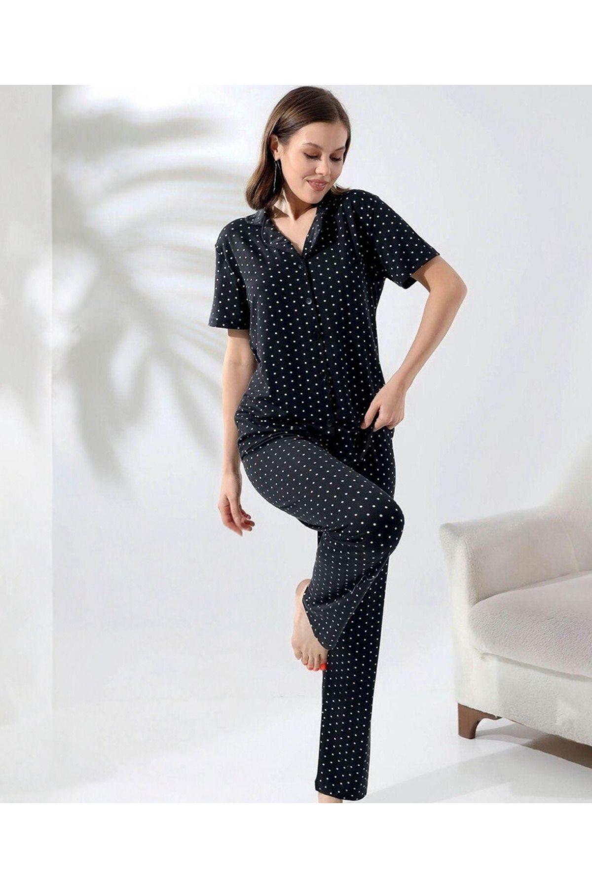 Kadın Puantiyeli Düğmeli Pamuklu Gömlek Yaka Kısa Kollu Pijama Takımı