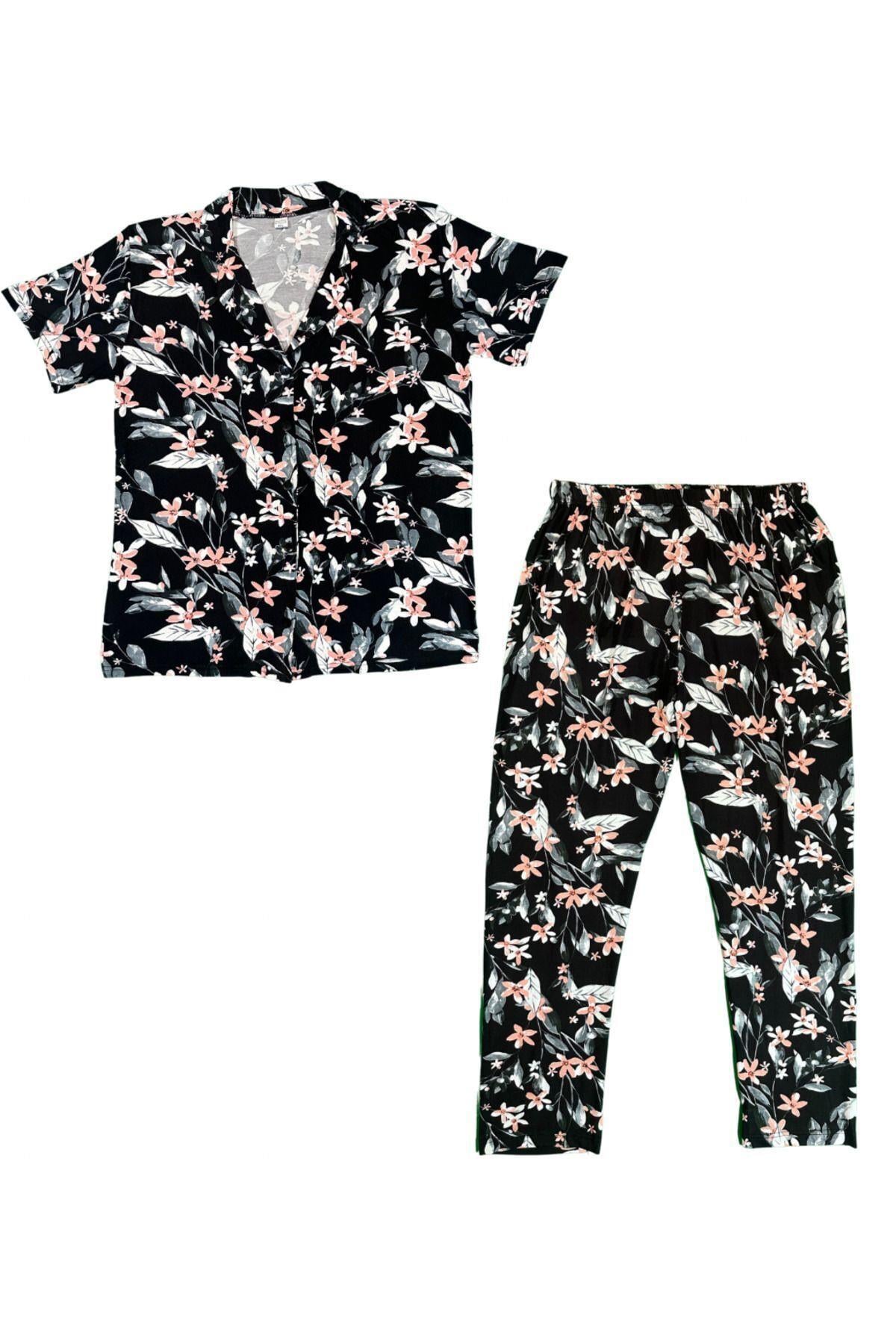 Kadın Siyah Çiçek Desenli Düğmeli Pamuklu Gömlek Yaka Kısa Kollu Pijama Takımı