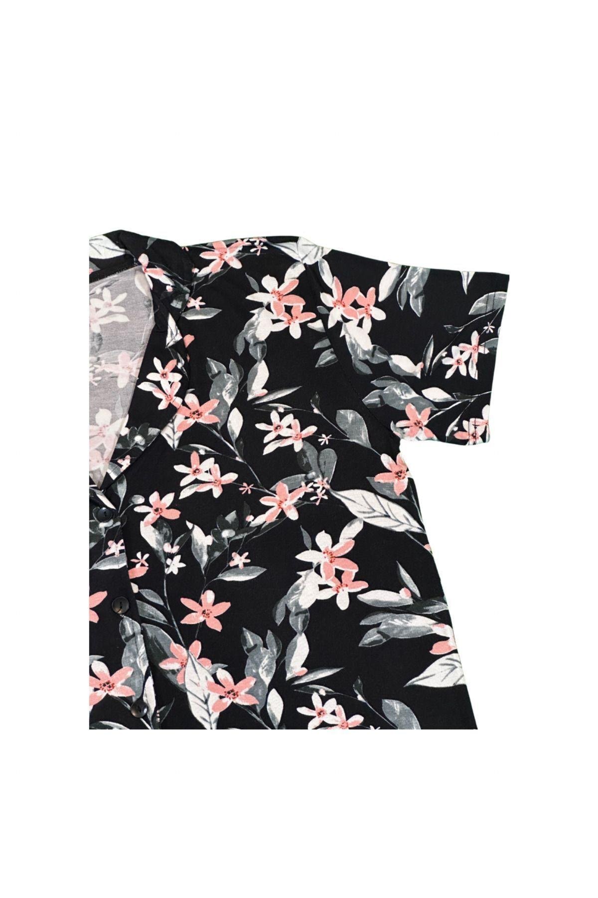 Kadın Siyah Çiçek Desenli Düğmeli Pamuklu Gömlek Yaka Kısa Kollu Pijama Takımı