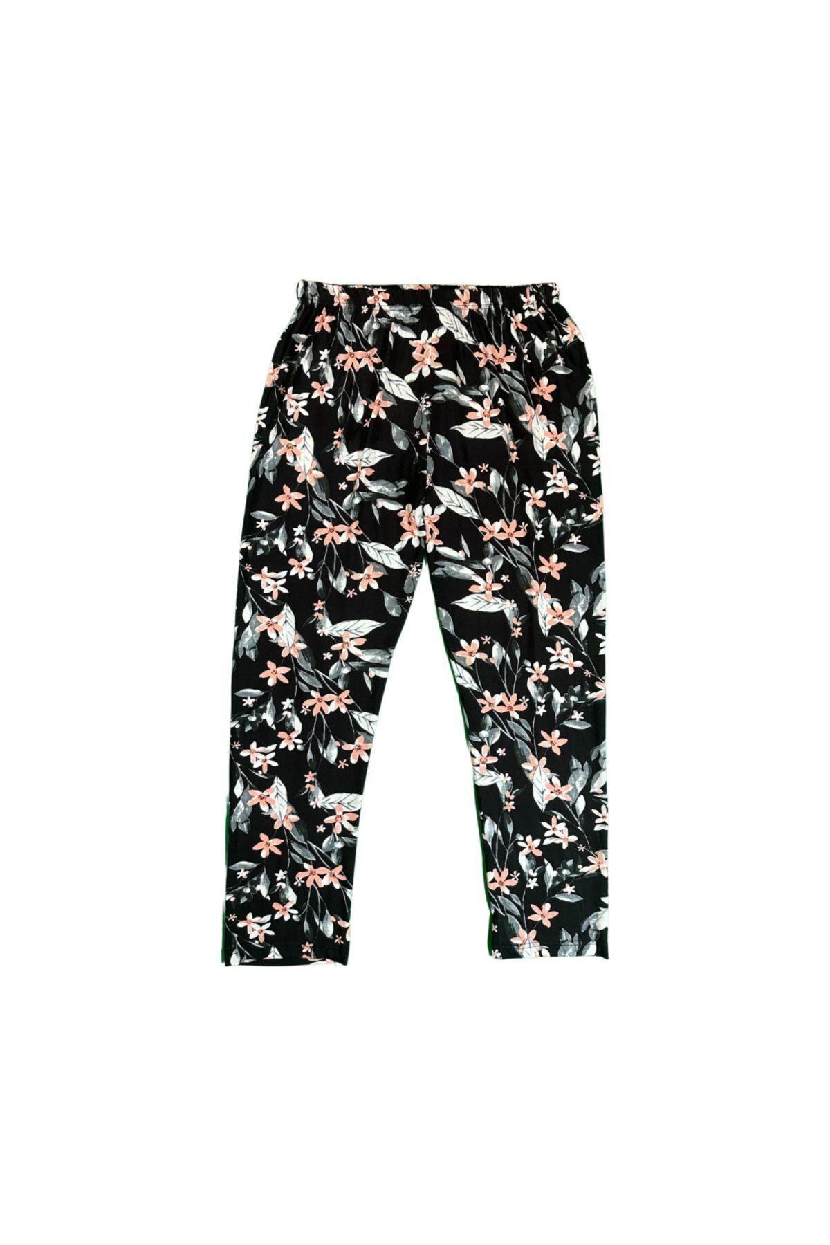 Kadın Siyah Çiçek Desenli Düğmeli Pamuklu Gömlek Yaka Kısa Kollu Pijama Takımı
