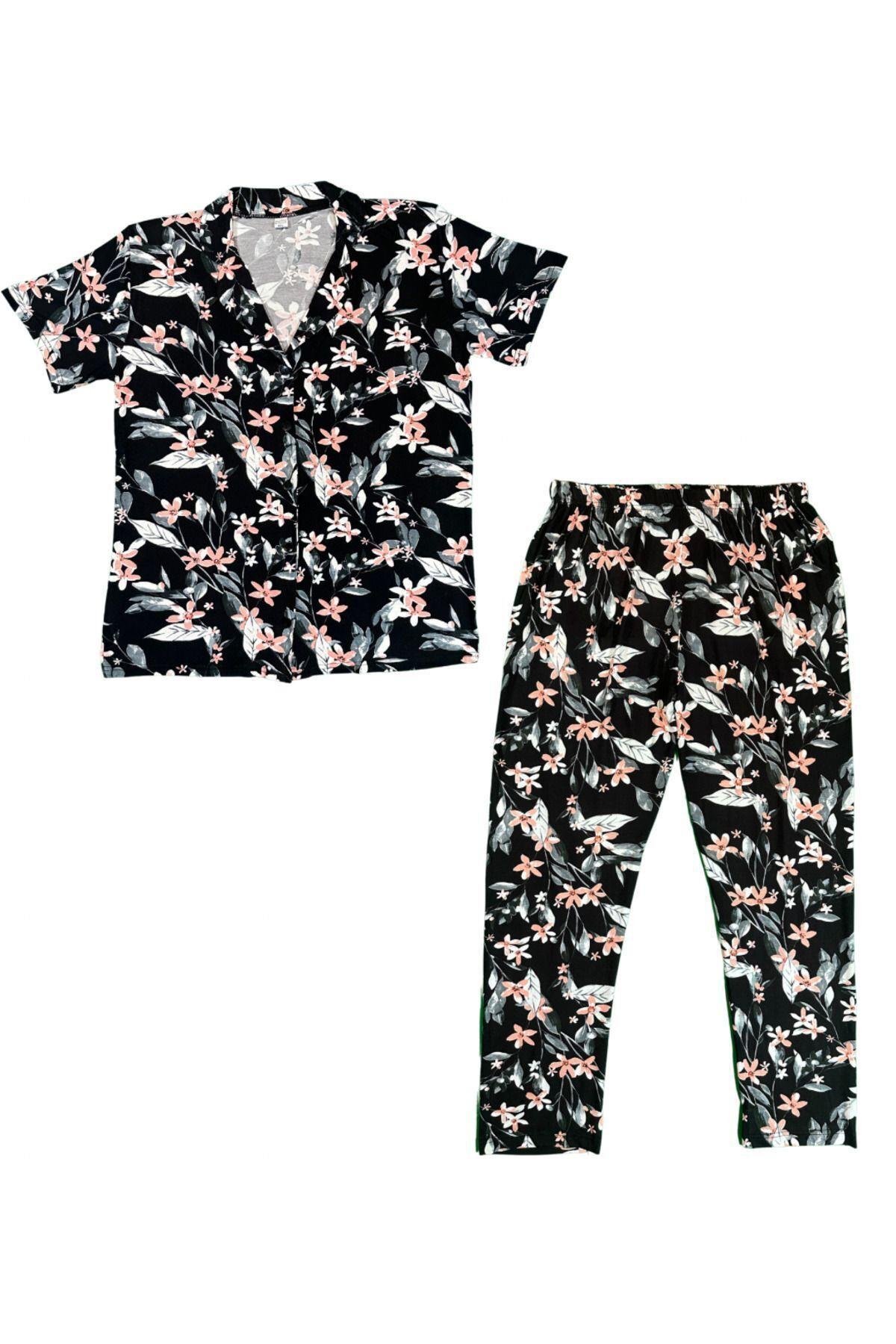 Kadın Siyah Çiçek Desenli Düğmeli Pamuklu Gömlek Yaka Kısa Kollu Pijama Takımı