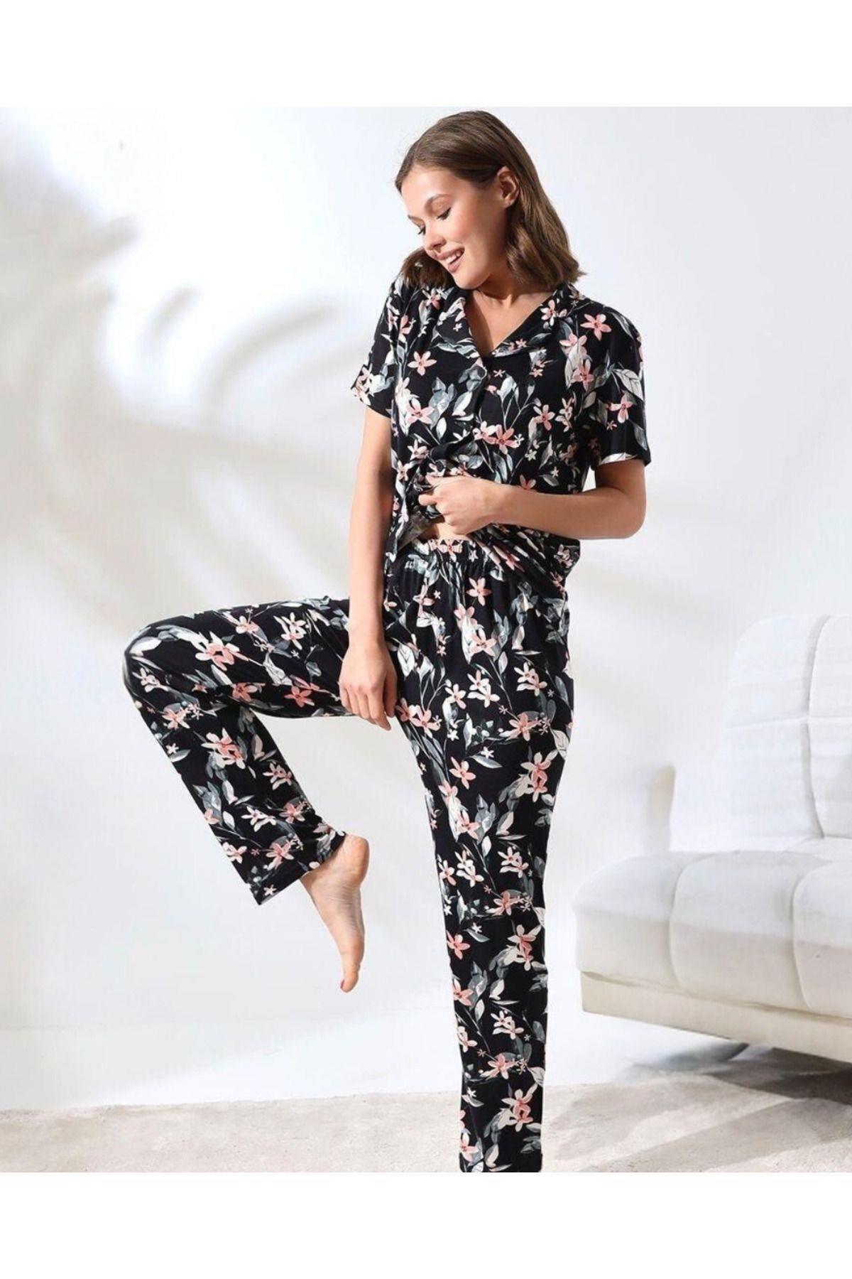 Kadın Siyah Çiçek Desenli Düğmeli Pamuklu Gömlek Yaka Kısa Kollu Pijama Takımı