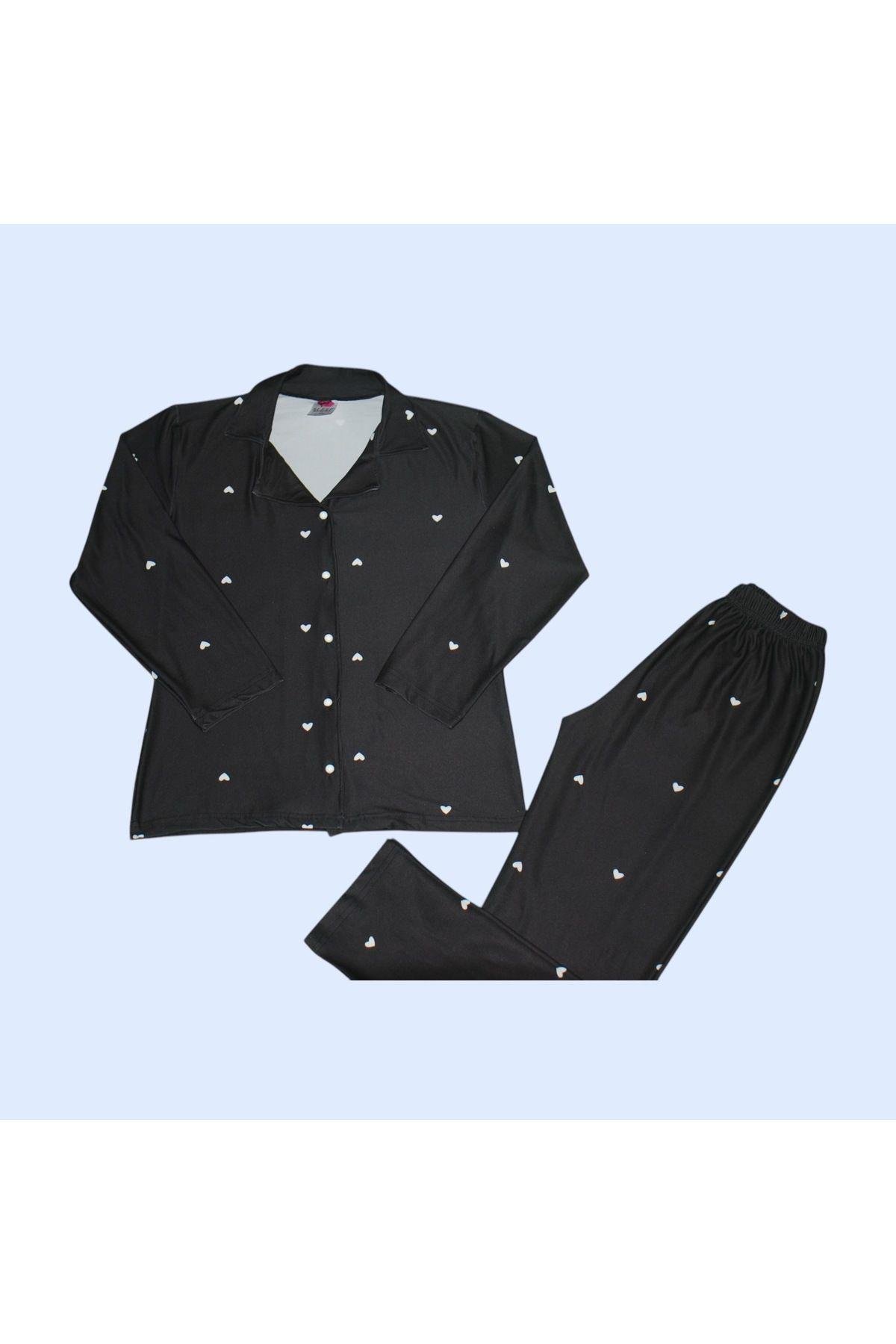 Kadın Siyah Mini Kalp Desenli Milan Kumaş Gömlek Yaka Pijama Takımı