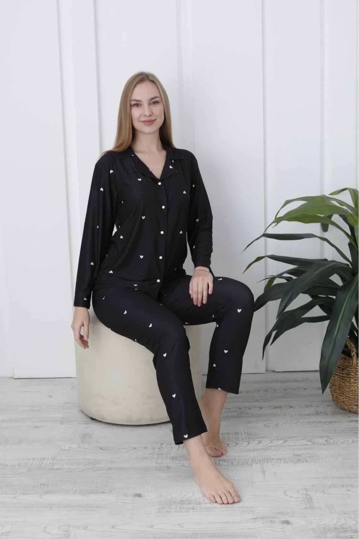 Kadın Siyah Mini Kalp Desenli Milan Kumaş Gömlek Yaka Pijama Takımı