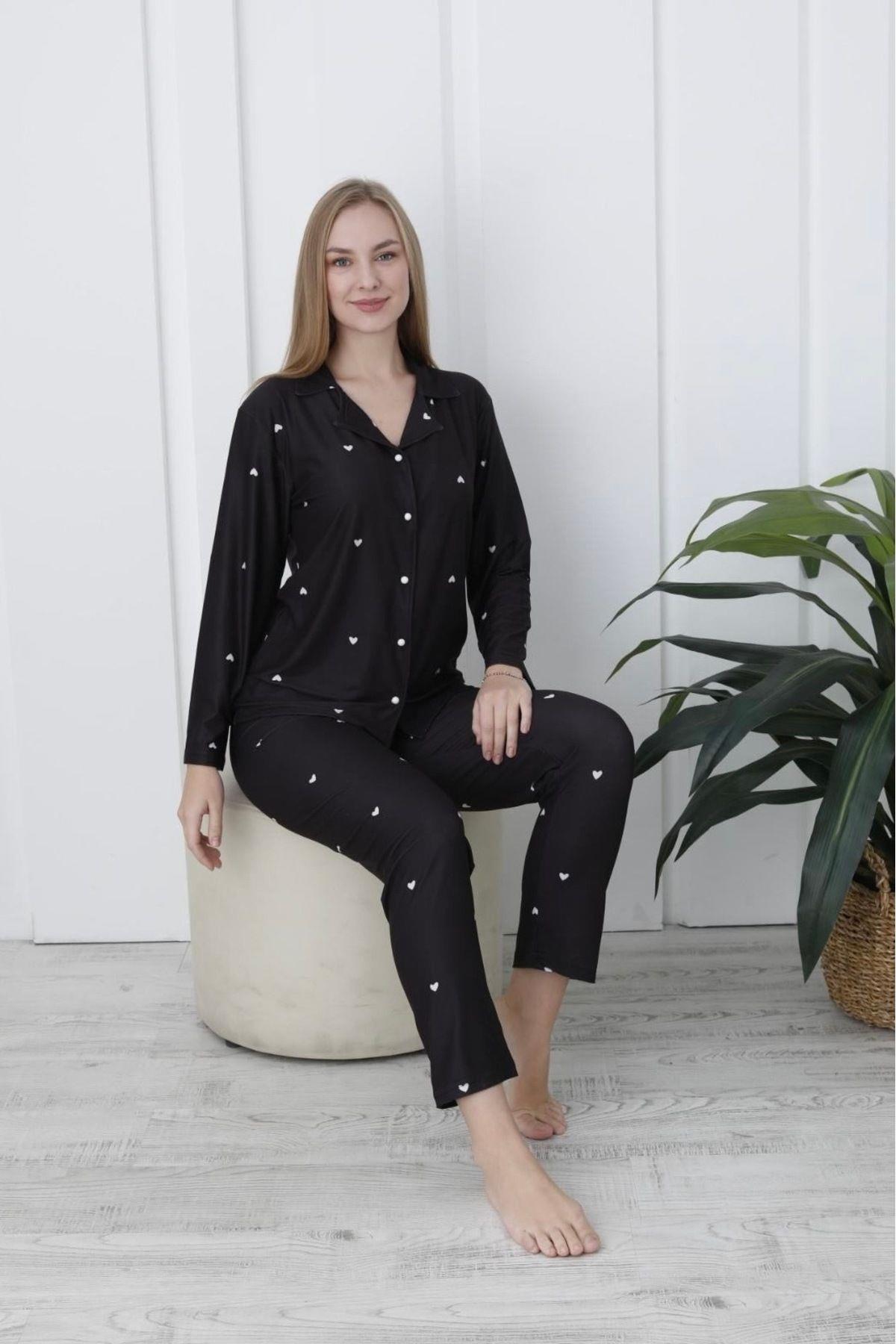Kadın Siyah Mini Kalp Desenli Milan Kumaş Gömlek Yaka Pijama Takımı