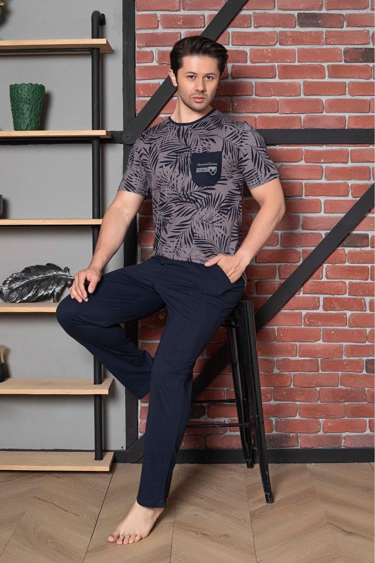 Pamuklu Regular Fit Desenli Bisiklet Yaka Kısa Kollu Erkek Pijama Takımı