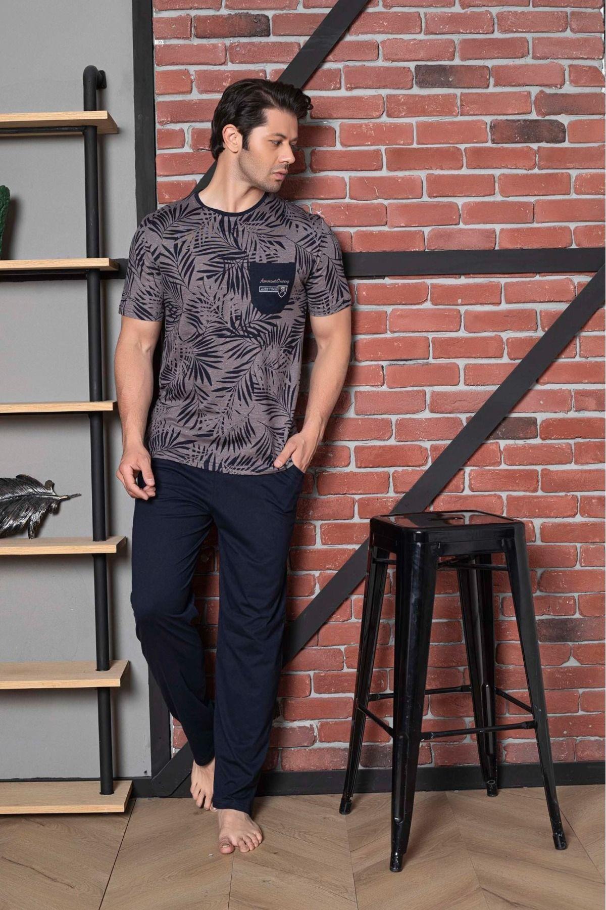 Pamuklu Regular Fit Desenli Bisiklet Yaka Kısa Kollu Erkek Pijama Takımı