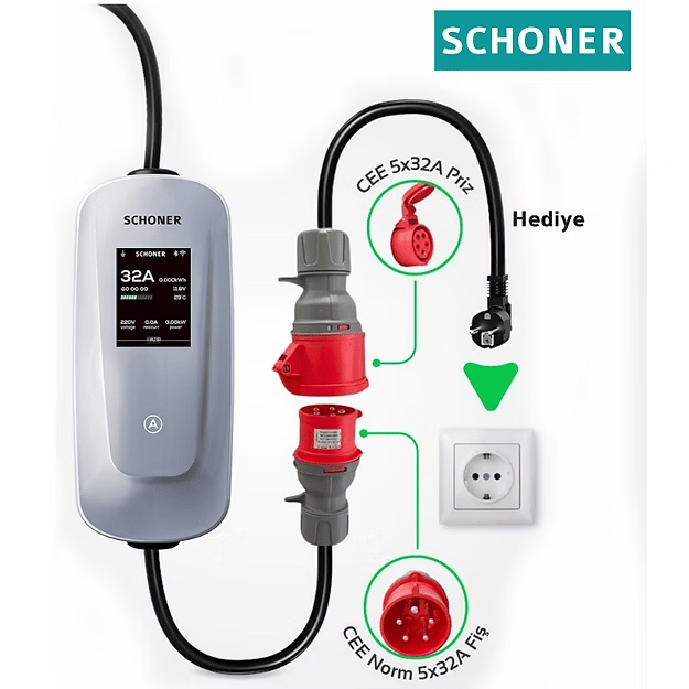 SCHONER 22kW Taşınabilir Elektrikli Araç Şarj İstasyonu 5Metre Tip2 Kablolu Wi-Fi/Bluetooth (Mode C) - 707033846090