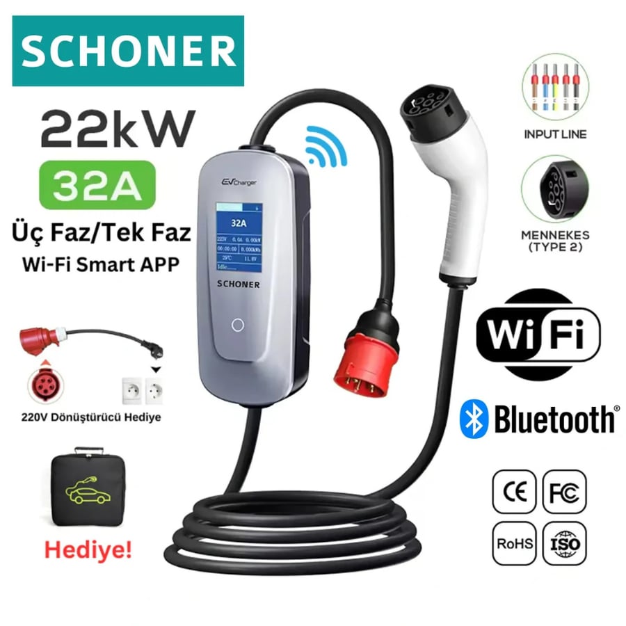 SCHONER 22kW Taşınabilir Elektrikli Araç Şarj İstasyonu 5Metre Tip2 Kablolu Wi-Fi/Bluetooth (Mode C) - 707033846090