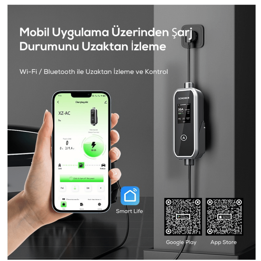 Schoner 3.5kw Taşınabilir Elektrikli Araç Şarj Istasyonu -Tak ve Şarj Et- Wi-Fi / Bluetooth Smart 5 Metre Tip2 Kablolu