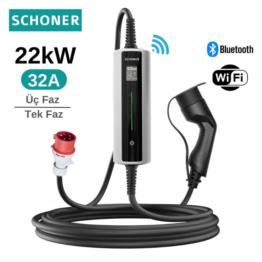 SCHONER ChargePro-22 APP 22kW Taşınabilir Elektrikli Araç Şarj İstasyonu 6Metre Tip2 Kablolu Wi-Fi/Bluetooth (Mode C) - (ChargePro-22 APP)