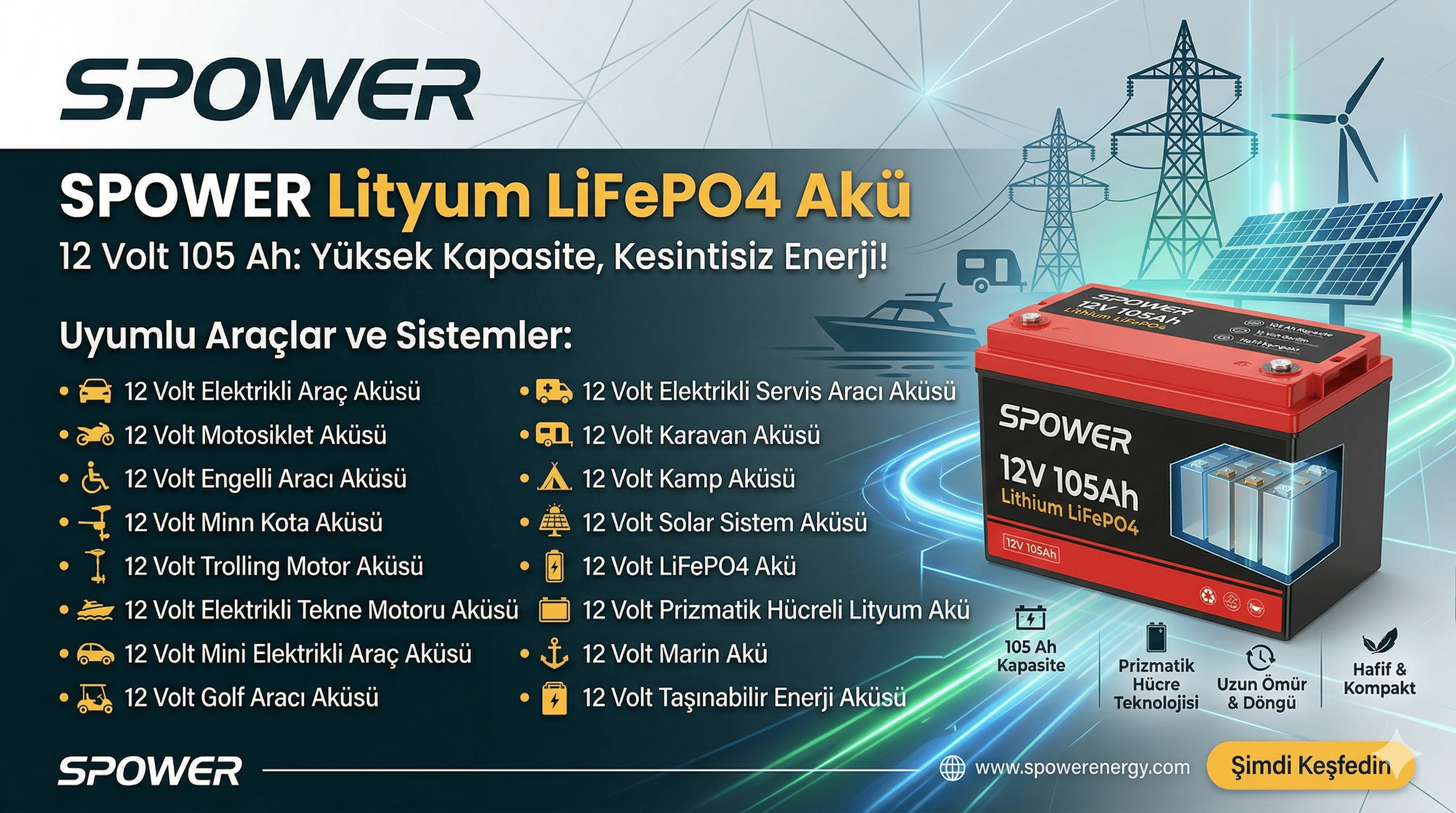 Spower Energy 12V 105AH Lifepo4 Akü Marin Kasa Engelli Aracı Aküsü