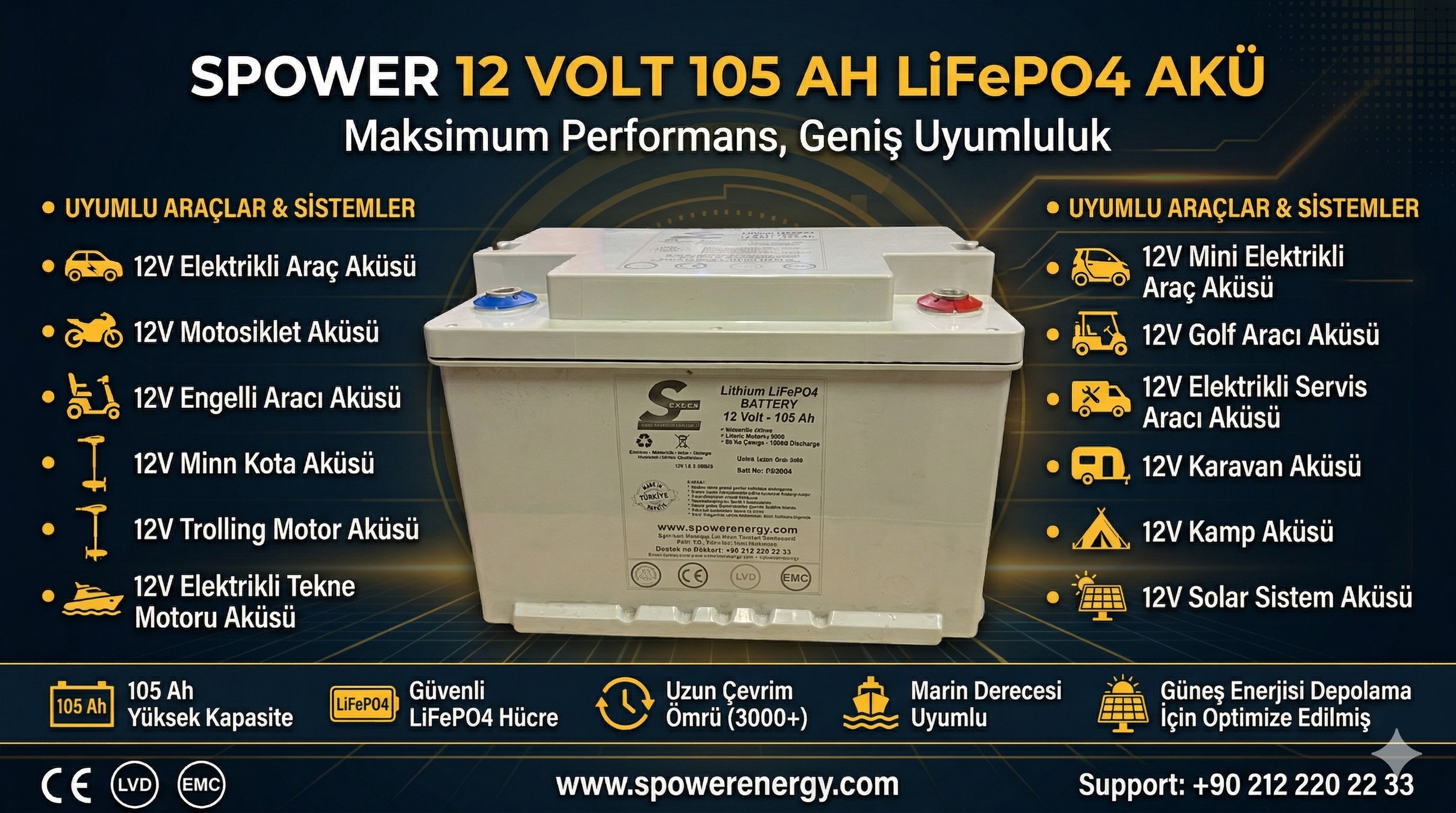Spower Energy 12V 105AH Lifepo4 Akü Marin Kasa Engelli Aracı Aküsü