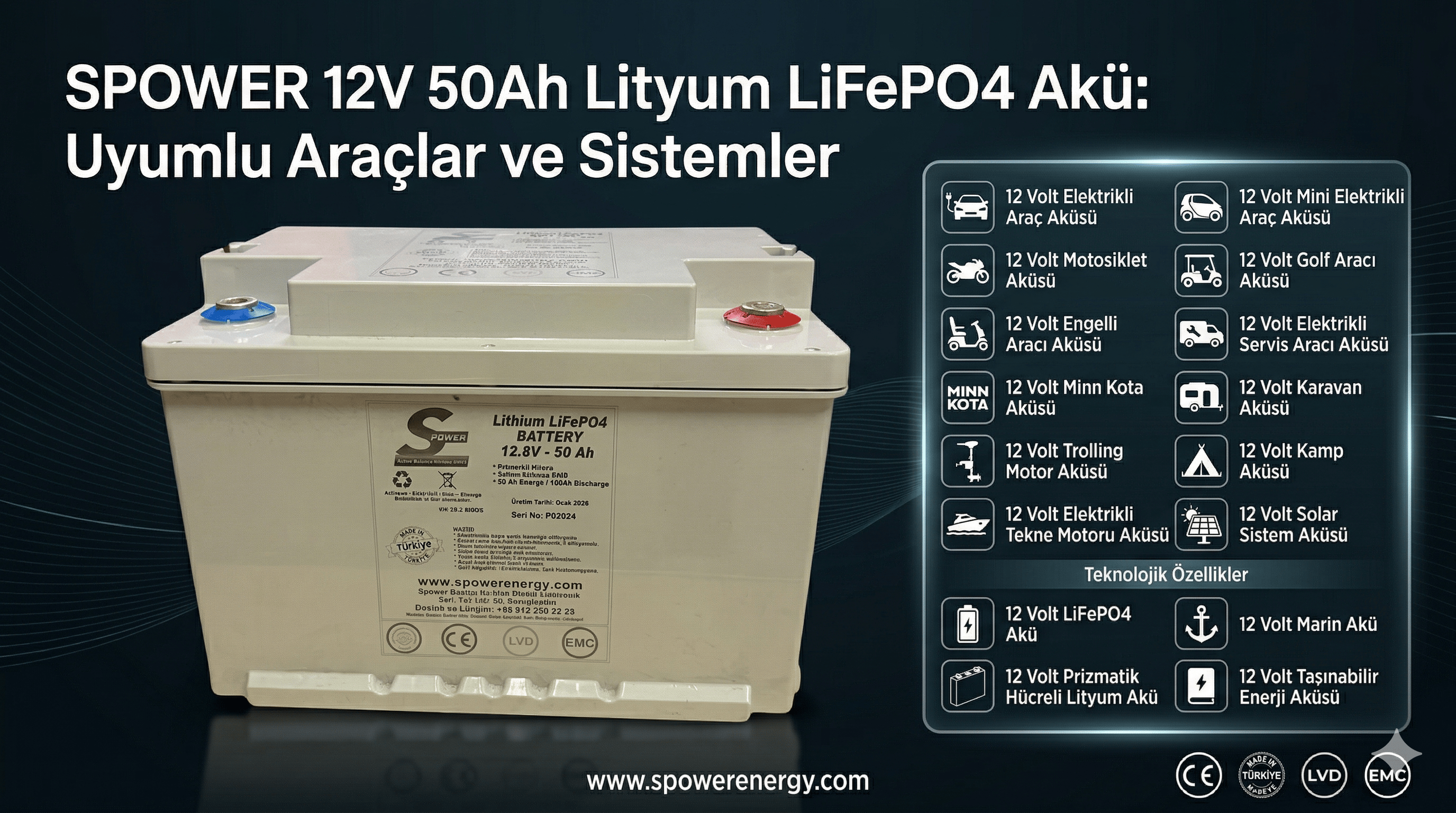 Spower 12 Volt 50Ah Prizmatik Hücreli LiFePO4 Akü