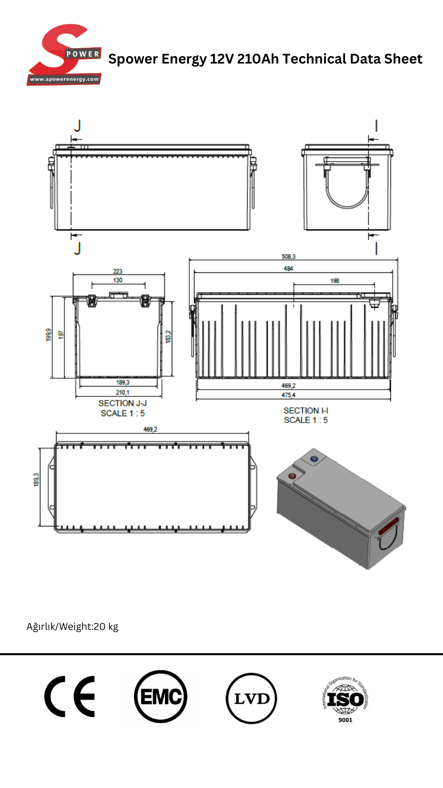 Spower 12V 210AH (12.8V) Lityum Lifepo4 Bluetooth Marin Kasa Karavan Aküsü
