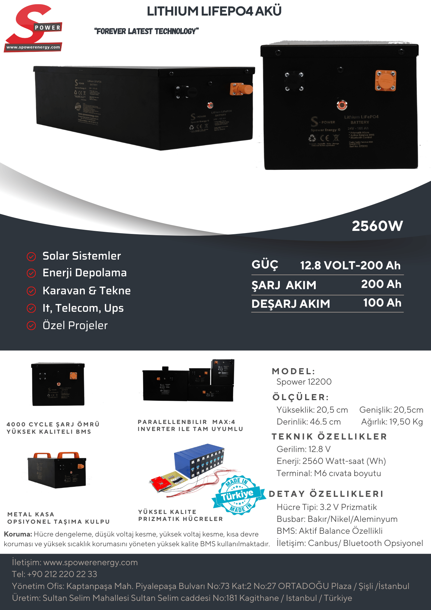 Spower 12V 230AH (12.8V) Lityum Lifepo4 Bluetooth
