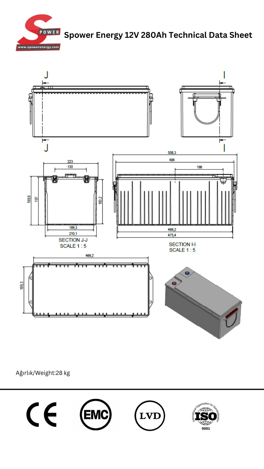 Spower 12V 280AH Lityum Lifepo4 Bluetooth Marin Kasa Bağ Evi ve Tiny House Aküsü