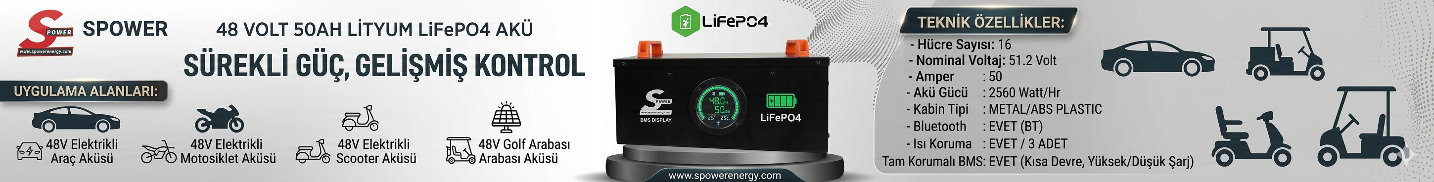 Spower 12V 560AH Lityum Lifepo4 Bluetooth Karavan,Tekne;Bağ Evi  Aküsü