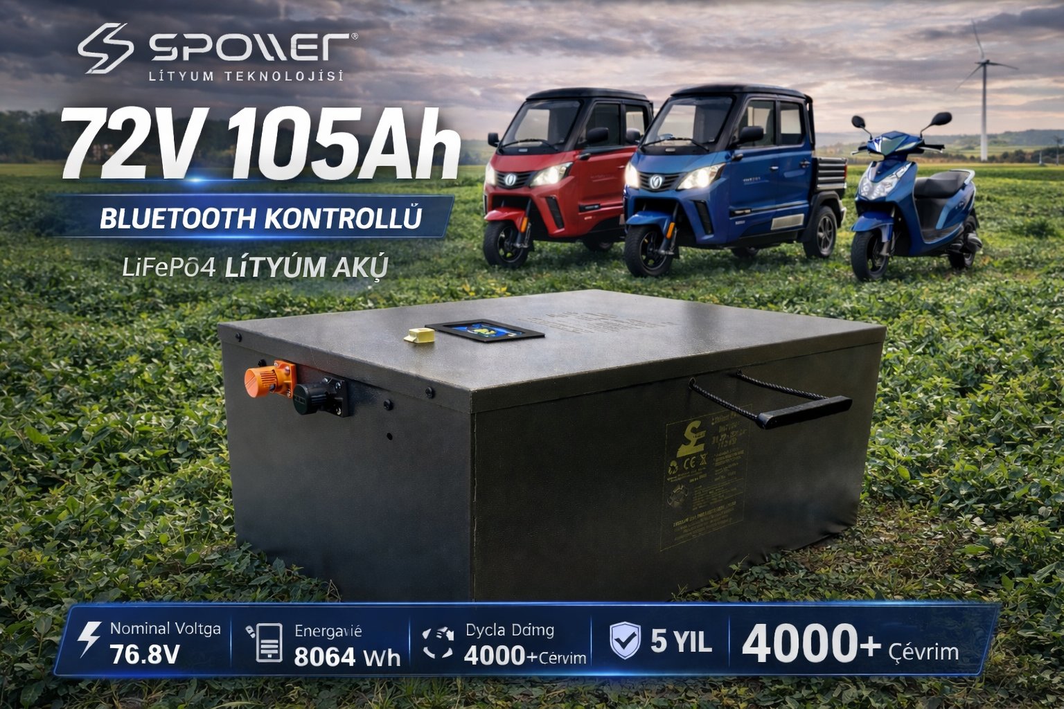 Spower 72 Volt 105Ah Bluetooth Kontrollü Prizmatik Hücreli LiFePO4 Akü