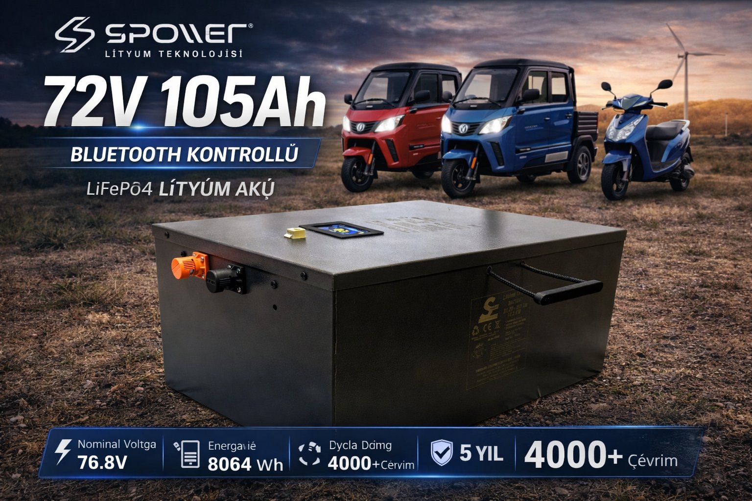 Spower 72 Volt 105Ah Bluetooth Kontrollü Prizmatik Hücreli LiFePO4 Akü