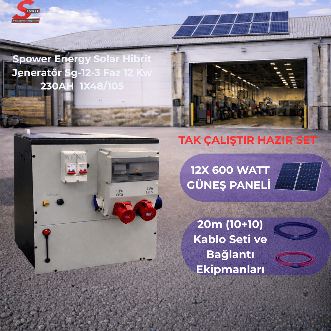 Spower Energy Solar Hibrit Jeneratör Sg-12-3 Faz 12 Kw 230AH 1X48v105Ah 20 Panelli Solar Paket