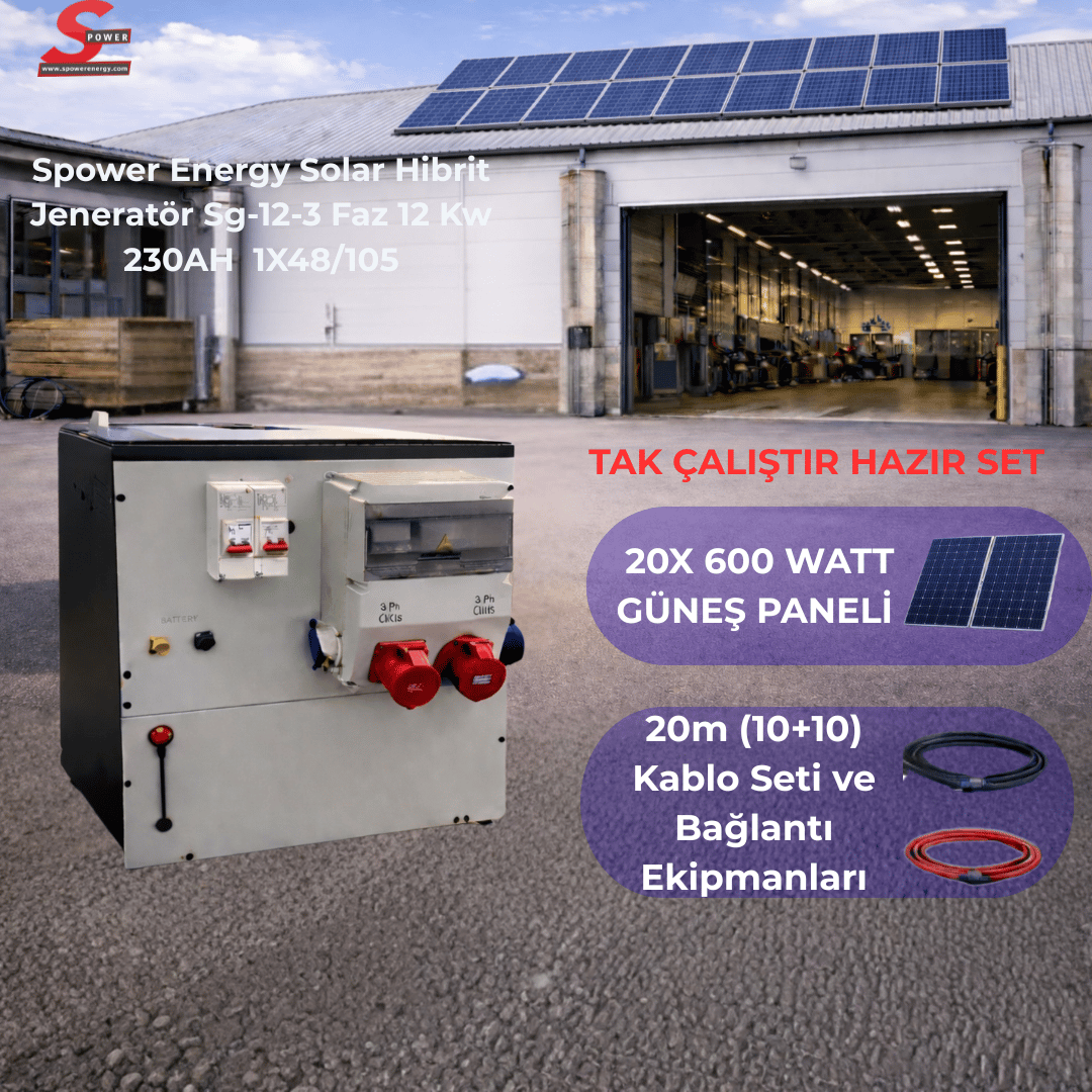 Spower Energy Solar Hibrit Jeneratör Sg-12-3 Faz 12 Kw 230AH 1X48/105 20 Panelli Solar Pake