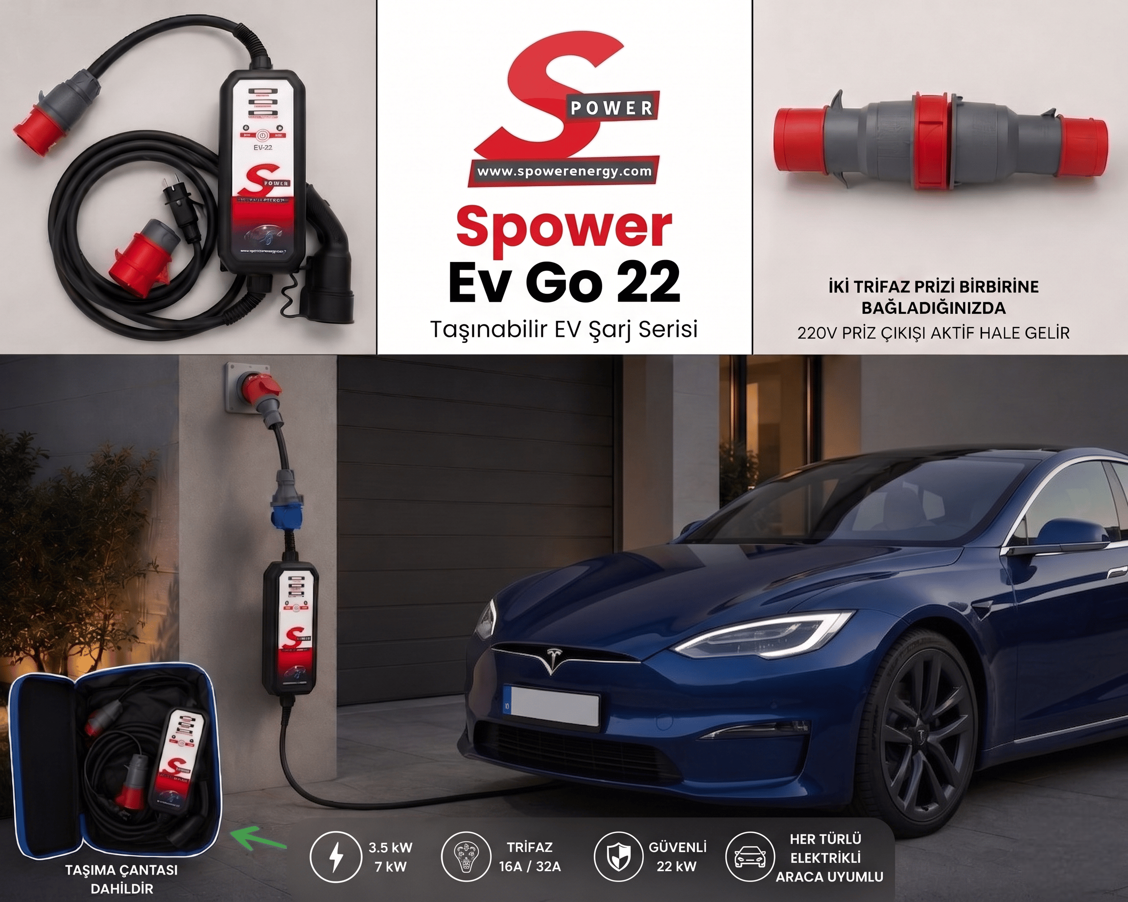 Spower EV Go 22 – 22 kW Taşınabilir Elektrikli Araç Şarj Cihazı