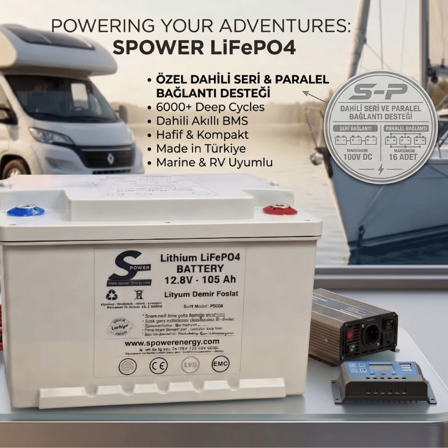 Spower SP Serisi 12V 105AH (12.8V) Lityum LiFePO4 Akü Bluetooth Serilenebilir Parallenebilir Akü
