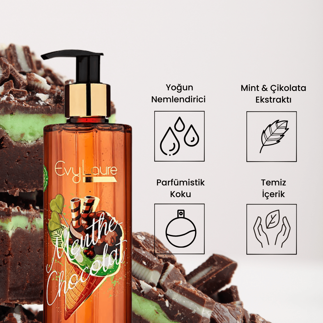 EvyLaure Menthe Chocolat Parfümistik Duş Jeli - Yoğun Nemlendirici ve Ferahlatıcı - Çikolata ve Mint Ekstraktlı - 300 ml