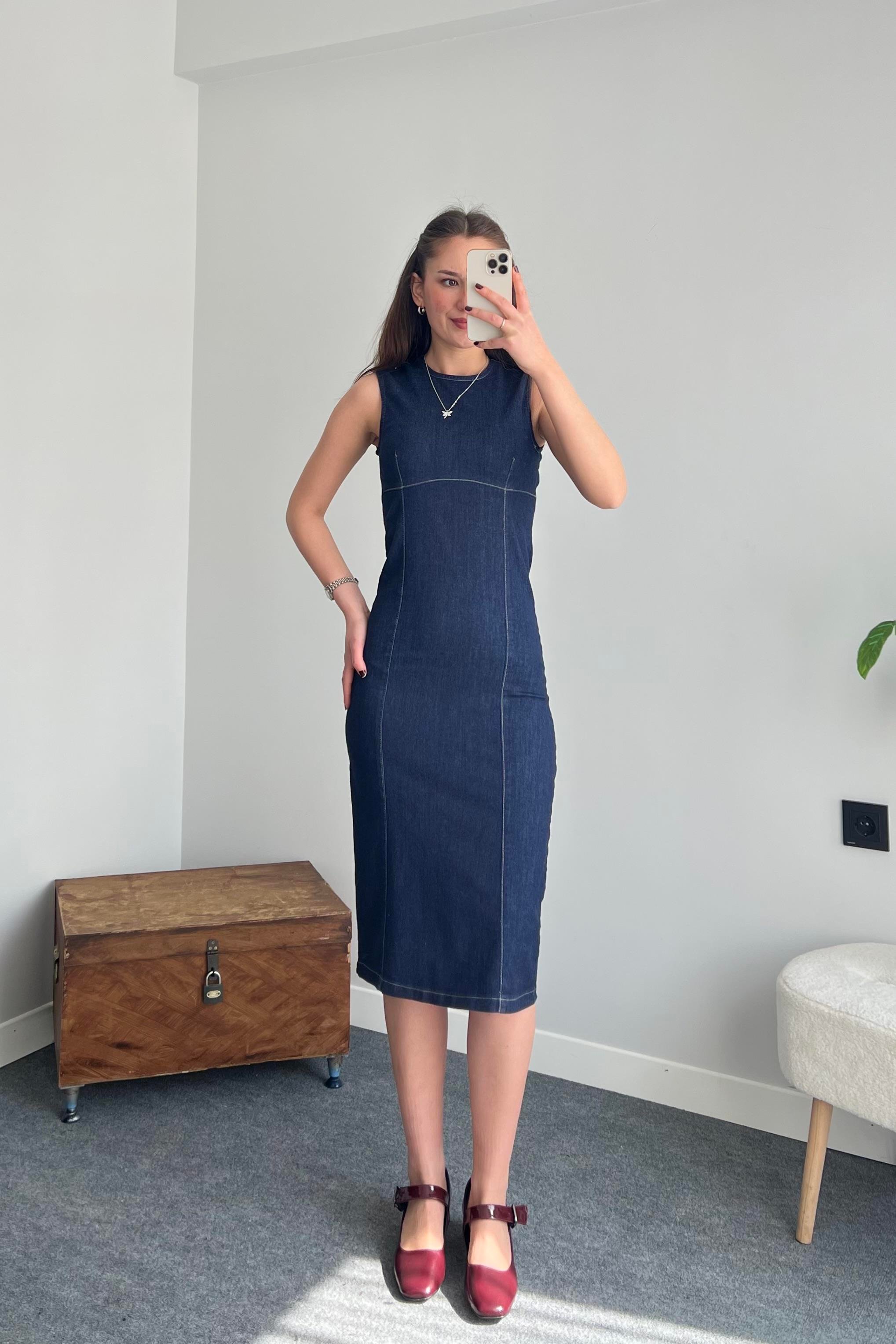 Denim Dikiş Detaylı Elbise