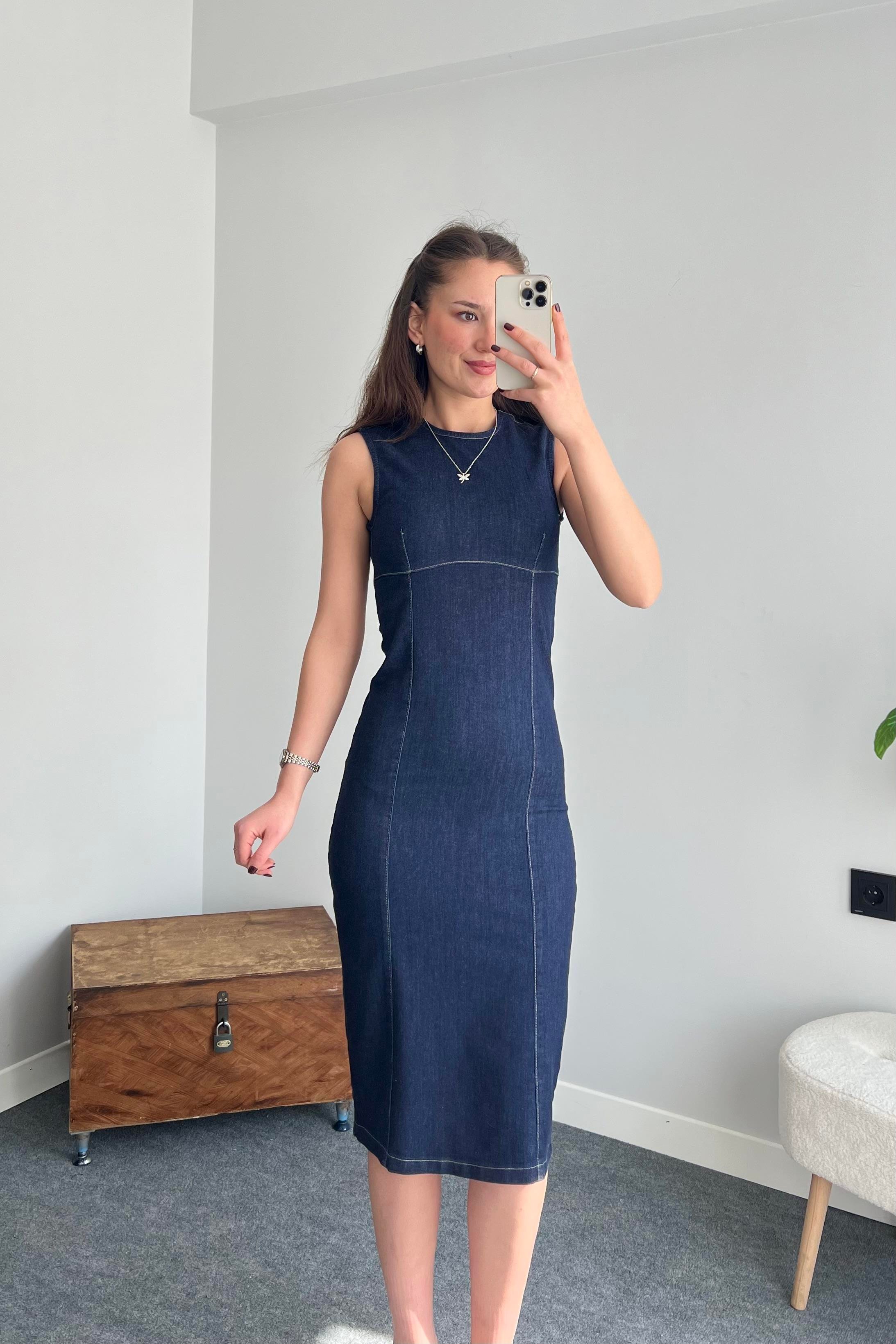 Denim Dikiş Detaylı Elbise