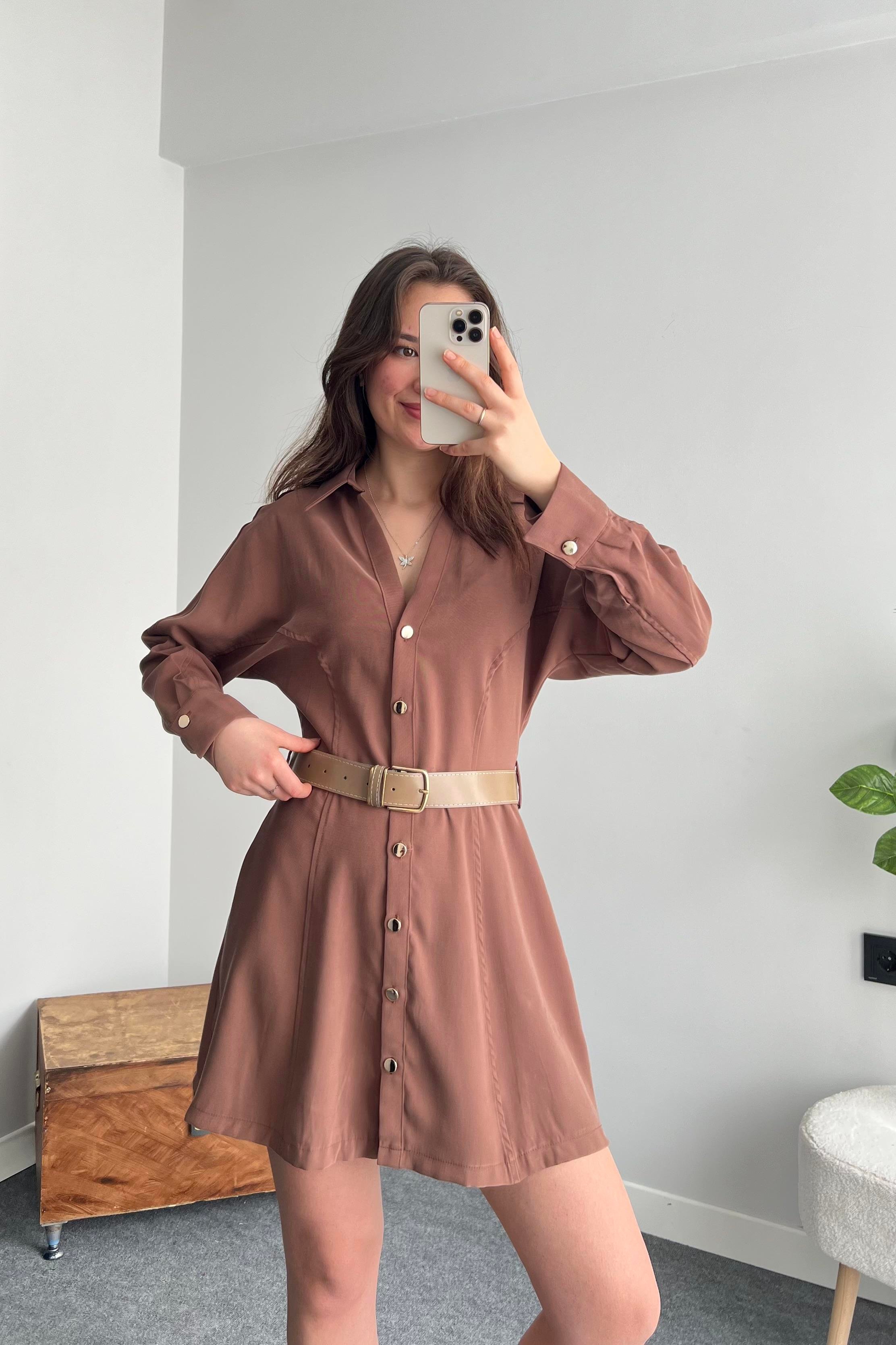 Mocha Mousse  Tencel Gömlek Elbise 