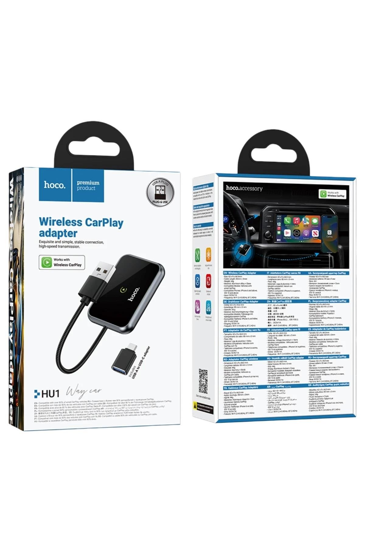 CarPlayHOCO.CRPLY01Hoco. HU1 Way 2in1 Type-C to USB Dönüştürücülü Kablosuz CarPlay Adaptör - Siyah