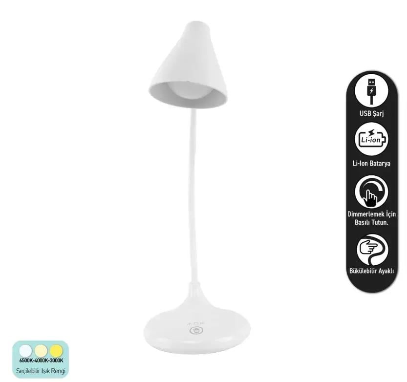 ACK AF11-10013 Led Masa Lambası Şarjlı Dimli Dokunmatik Beyaz Kasa
