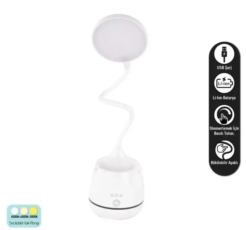 ACK AF11-10014 Led Masa Lambası Şarjlı Dimli Dokunmatik Beyaz Kasa