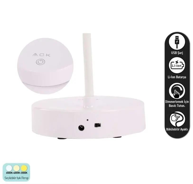 ACK AF11-10015 Led Masa Lambası Şarjlı Dimli Dokunmatik Beyaz Kasa
