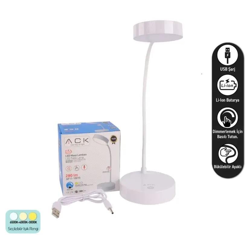 ACK AF11-10015 Led Masa Lambası Şarjlı Dimli Dokunmatik Beyaz Kasa