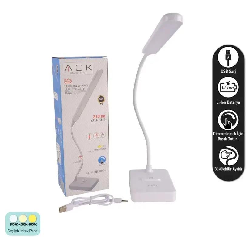 ACK AF11-10016 Led Masa Lambası Şarjlı Dimli Dokunmatik Beyaz Kasa