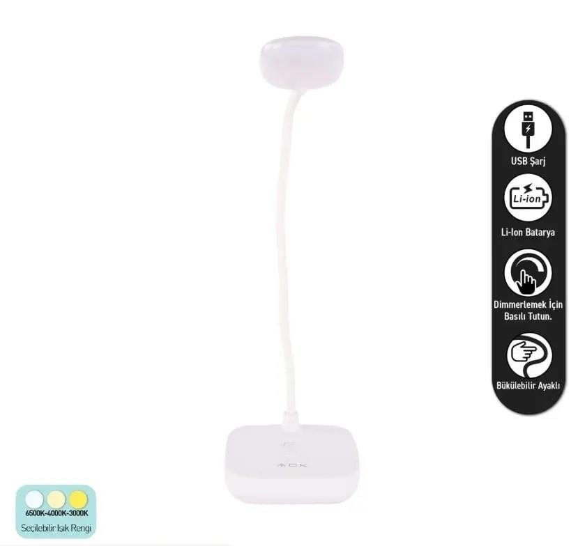 ACK AF11-10017 Led Masa Lambası Şarjlı Dimli Dokunmatik Beyaz Kasa