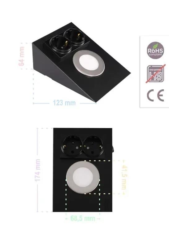 ACK AH11-00201 2,5W Ledli Prizli Tezgah Altı Armatür 3000K Beyaz Işık Siyah Kasa