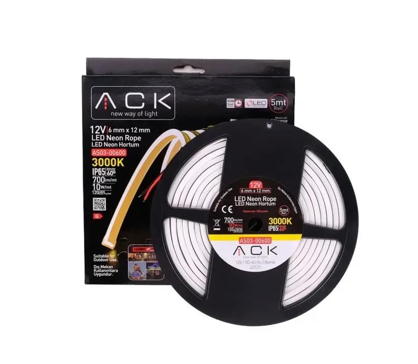 ACK AS03-00600 10W/mt 12V Neon Hortum Led 3000K Günışığı IP65