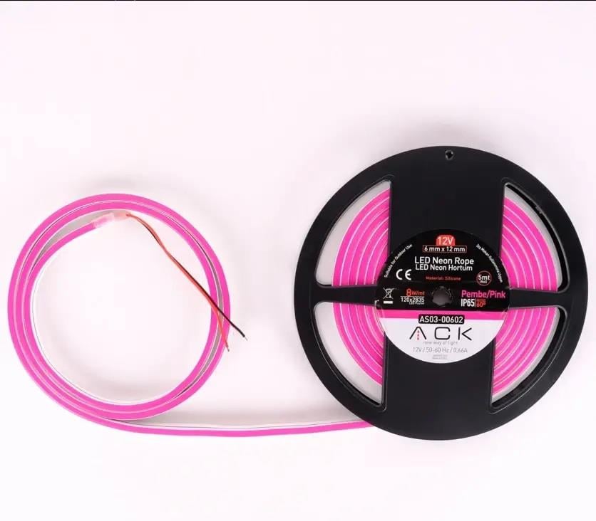 ACK AS03-00602 10W/mt 12V Neon Hortum Led Pembe Işık IP65