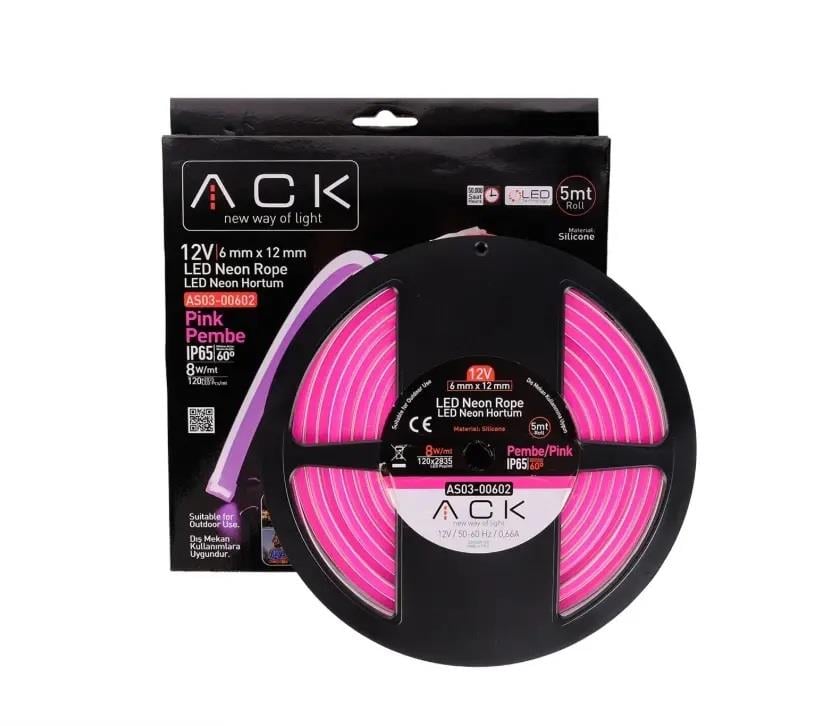 ACK AS03-00602 10W/mt 12V Neon Hortum Led Pembe Işık IP65