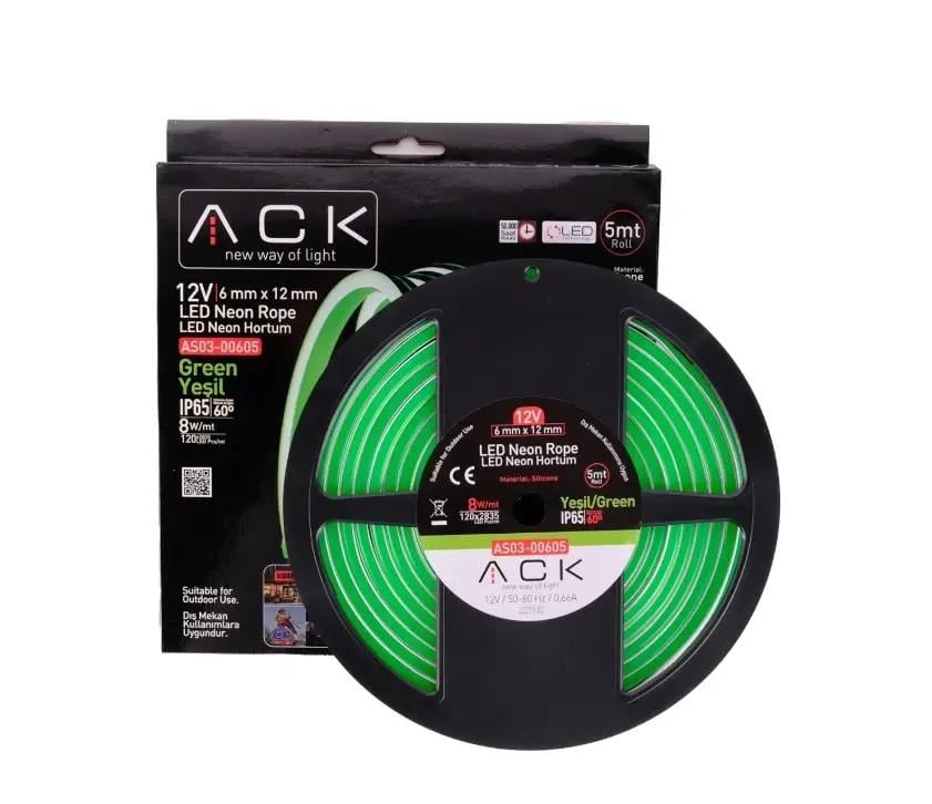 ACK AS03-00605 10W/mt 12V Neon Hortum Led Yeşil Işık IP65
