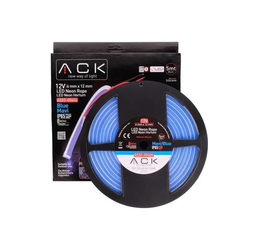 ACK AS03-00606 10W/mt 12V Neon Hortum Led Mavi Işık IP65